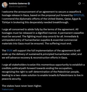 ONU celebra acuerdo entre Israel y Hamás