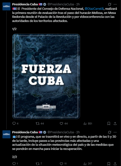 Presidente de Cuba manda mensaje a connacionales tras paso del huracán Melissa