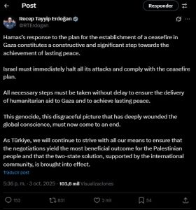Recep Erdogan sobre la respuesta de Hamás