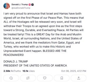 Mensaje del acuerdo de paz entre Hamás e Israel en X, compartido por Trump