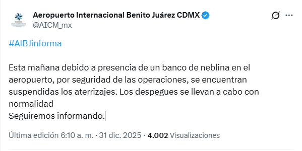 AICM reporta blanco de neblina