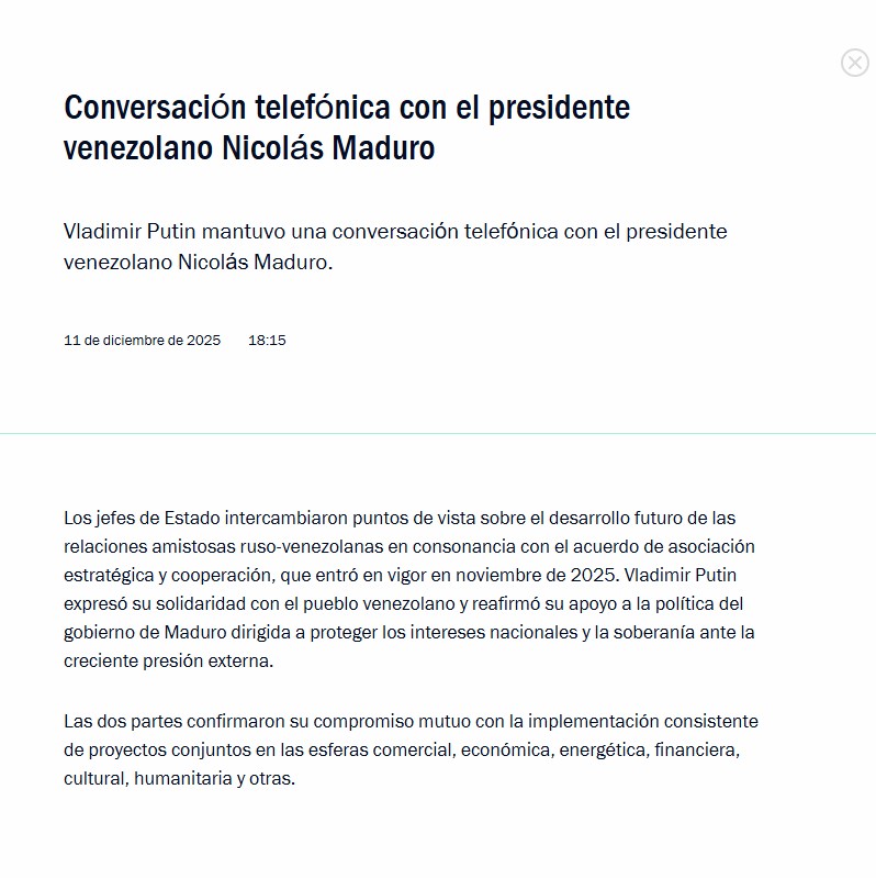 Comunicado de la Presidencia rusa sobre la llamada de Trump y Maduro