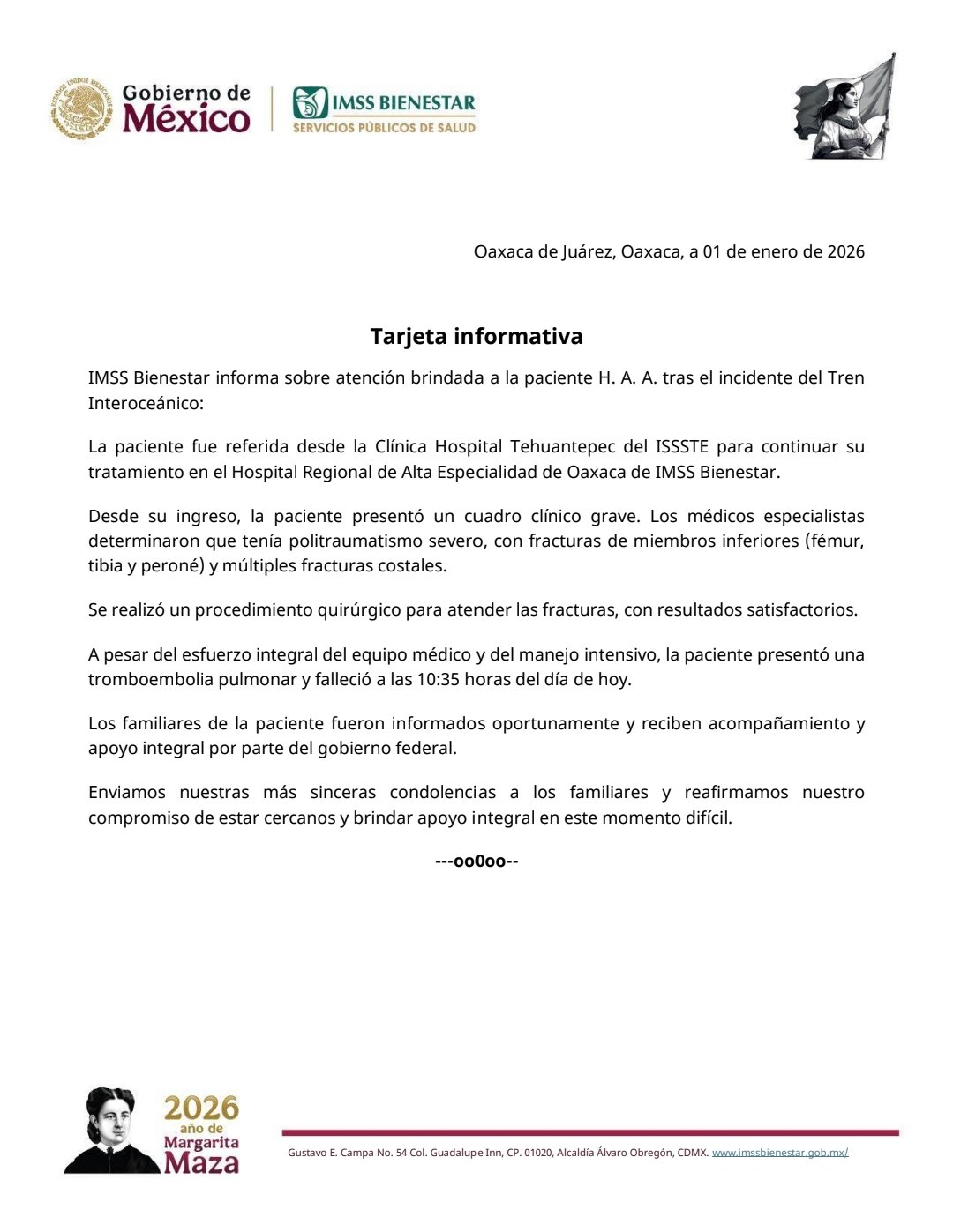 Tarjeta informativa del IMSS sobre el fallecimiento de la paciente tras el accidente en el Tren Interoceánico