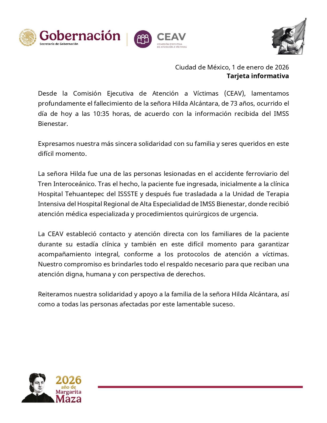 CEAV sobre el fallecimiento de la paciente tras el accidente del Tren Transocéanico