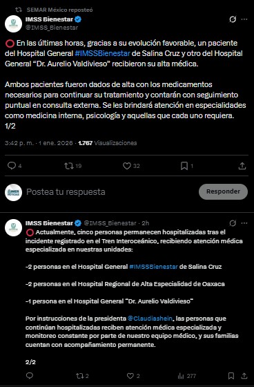 IMSS Bienestar informa sobre los pacientes del Tren Interoceánico