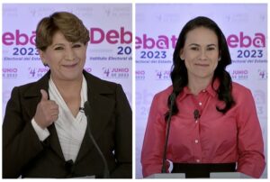 Alejandra del Moral y Delfina Gómez durante el primer debate Edomex 2023