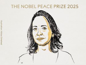 Imagen de María Corina Machado cuando fue elegida como Premio Nobel de la Paz 2025