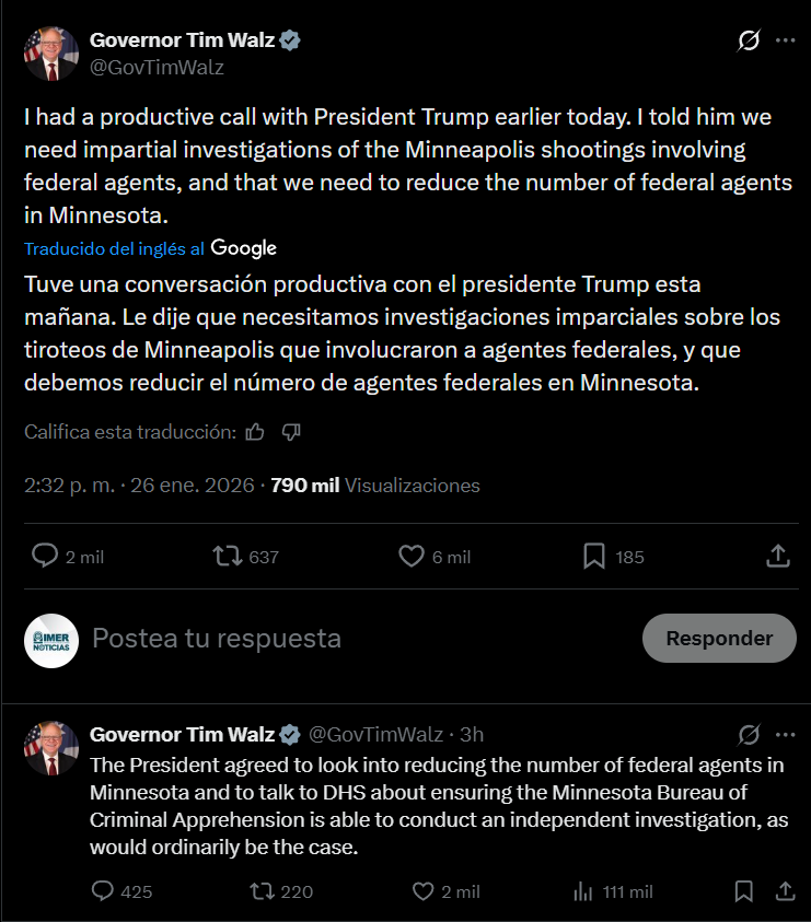 El gobernador Tim Walz habla sobre su llamada con Trump