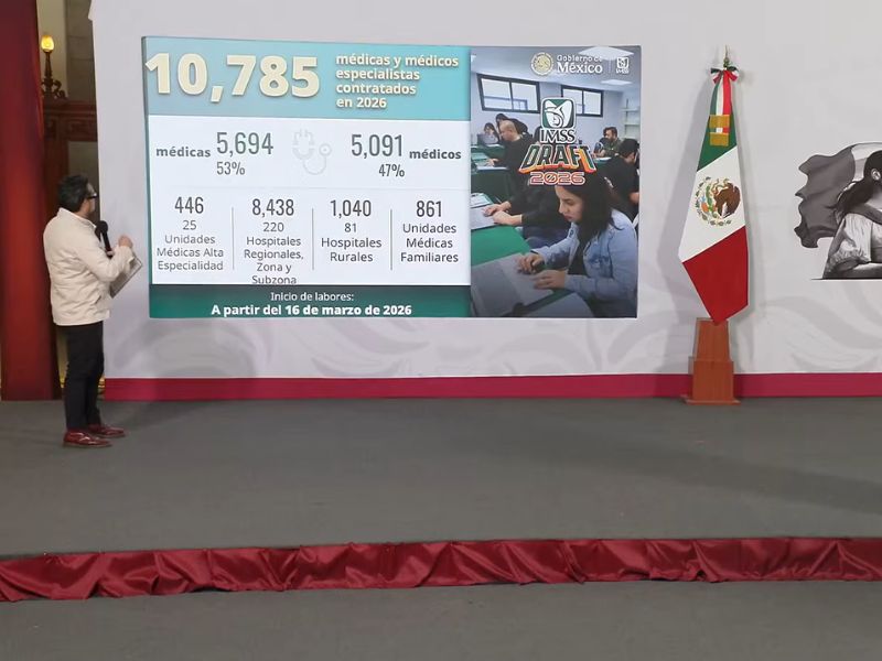 México anuncia contratación de médicos y médicas especialistas en IMSS e ISSSTE.