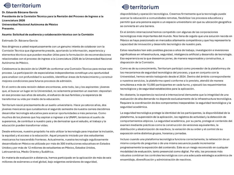 Comunicado Territorium Life, responsable del examen en línea de la UNAM.