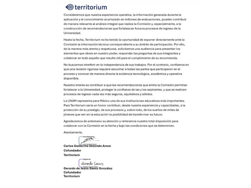 Comunicado Territorium Life, responsable del examen en línea de la UNAM.