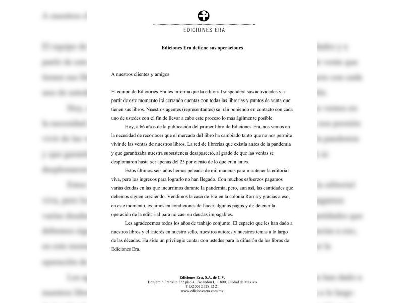 Ediciones Era anuncia el cierre de sus operaciones tras 66 años